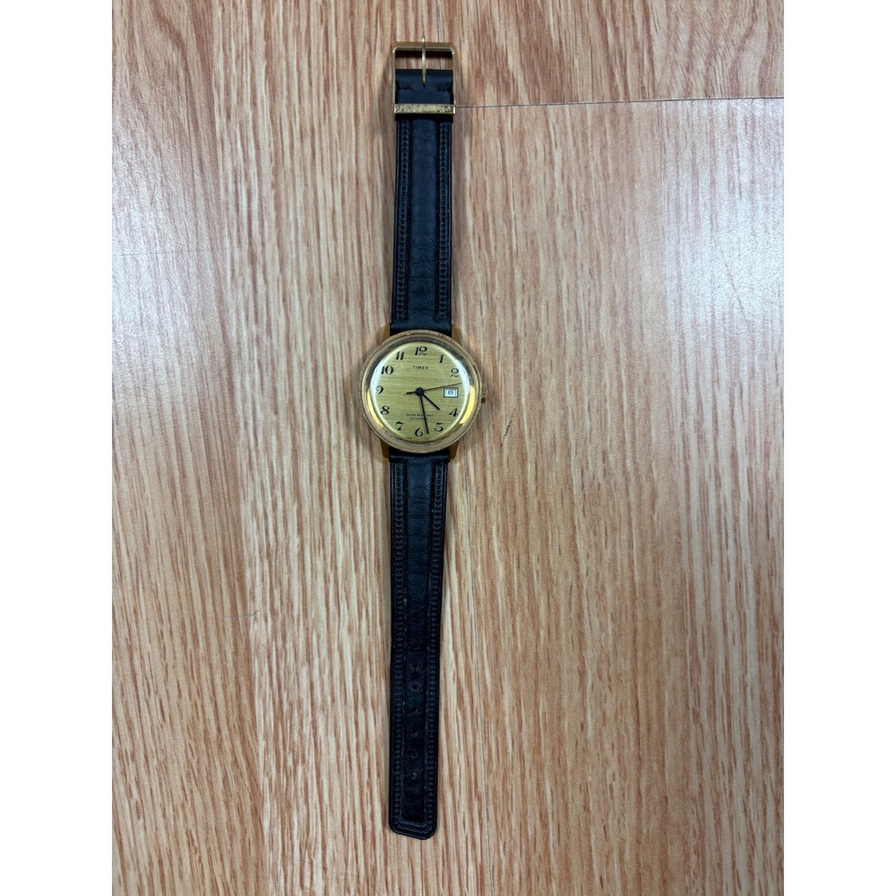 Vintage Timex Automatic Watch Gold Tone Date Window 46561 03274 Black Strap